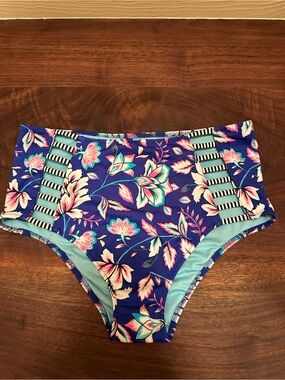 Shade & Shore Teal Floral Bikini Bottoms with Striped Trim